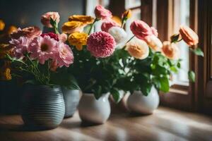 flowers in vases on a windowsill. AI-Generated photo