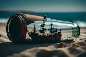 a ship in a bottle on the beach. AI-Generated photo