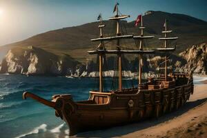 a wooden pirate ship on the beach. AI-Generated photo