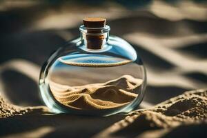 a bottle of sand in the desert. AI-Generated photo