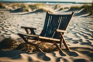 un de madera silla se sienta en el arena en el medio de un playa. generado por ai foto