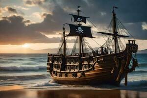 a pirate ship on the beach at sunset. AI-Generated photo