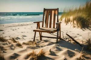 a wooden chair sits on the beach near the ocean. AI-Generated photo