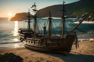 a pirate ship on the beach at sunset. AI-Generated photo