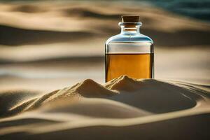 a bottle of whiskey in the desert. AI-Generated photo