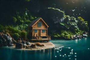 a miniature house on a small island in the middle of the water. AI-Generated photo