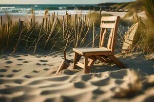 a chair sits on the sand near the ocean. AI-Generated photo