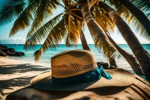 a hat on the beach with palm trees. AI-Generated photo