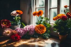 flowers on a windowsill. AI-Generated photo