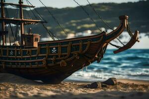 a model ship sits on the sand near the ocean. AI-Generated photo