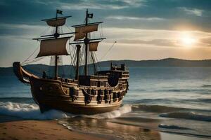 a wooden pirate ship on the beach. AI-Generated photo