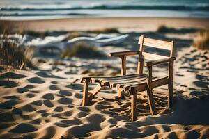 a wooden chair sits on the sand near the ocean. AI-Generated photo