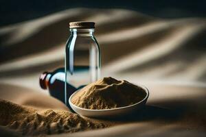 a bottle of brown powder and a bowl of sand. AI-Generated photo