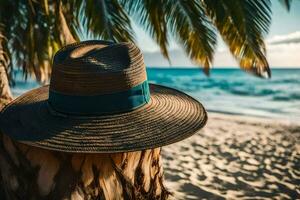 un sombrero en un palma árbol en el playa. generado por ai foto