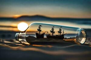 ship in a bottle on the beach. AI-Generated photo