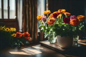 flowers in a vase on a table. AI-Generated photo