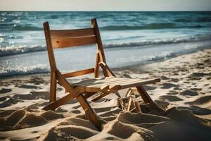 a wooden chair sits on the sand near the ocean. AI-Generated photo