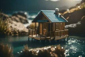 un miniatura casa se sienta en un pequeño isla en el agua. generado por ai foto