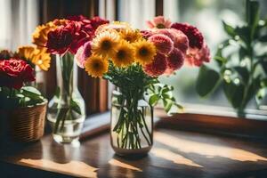 flowers in vases on a windowsill. AI-Generated photo