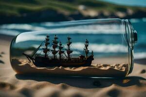 a ship in a bottle on the beach. AI-Generated photo