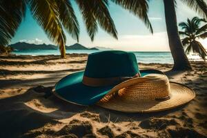 two hats on the beach. AI-Generated photo