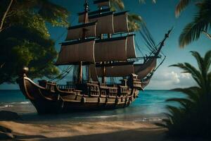 a pirate ship is on the beach near palm trees. AI-Generated photo