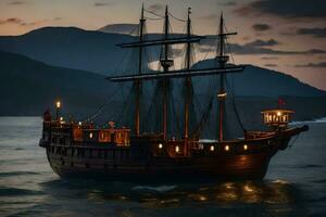 un pirata Embarcacion es navegación en el Oceano a oscuridad. generado por ai foto