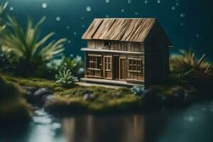 a miniature house sits on a small island in the middle of a pond. AI-Generated photo