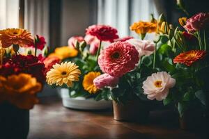 flowers in pots on a windowsill. AI-Generated photo