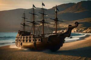 a pirate ship on the beach. AI-Generated photo