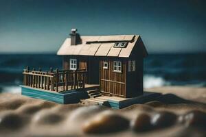 un miniatura de madera casa en el playa. generado por ai foto