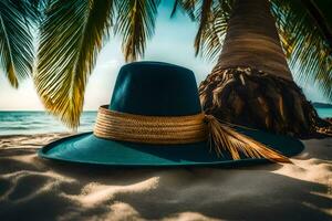 a hat sits on the sand near a palm tree. AI-Generated photo