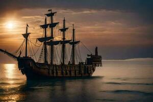 a pirate ship in the ocean at sunset. AI-Generated photo