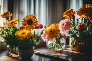 flowers in vases on a table. AI-Generated photo