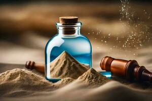 a bottle of sand with a small mountain in it. AI-Generated photo