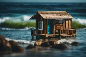 a miniature house on the beach with waves crashing in the background. AI-Generated photo