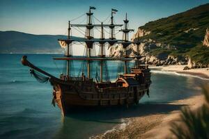 a pirate ship on the beach. AI-Generated photo