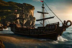 a pirate ship is on the beach near a cliff. AI-Generated photo