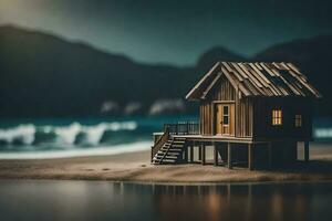 a miniature wooden house on the beach. AI-Generated photo