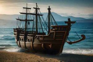 a wooden ship on the beach at sunset. AI-Generated photo