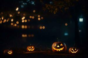 halloween pumpkins in the dark with lights. AI-Generated photo