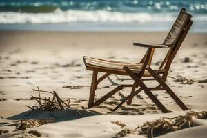 un de madera silla se sienta en el playa cerca el océano. generado por ai foto