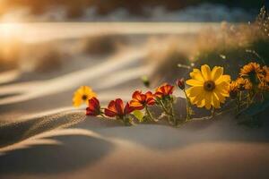 photo wallpaper sand, the sun, flowers, the sand, flowers, the sand, flowers,. AI-Generated