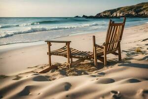 un de madera silla se sienta en el playa cerca el océano. generado por ai foto