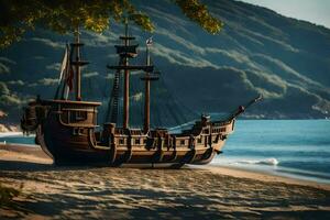 a pirate ship on the beach near the ocean. AI-Generated photo