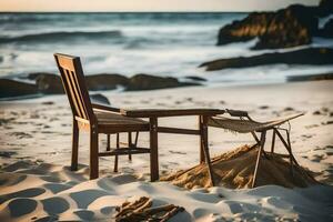 un silla y un playa silla sentado en el arena. generado por ai foto