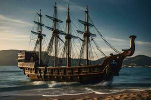 a pirate ship on the beach. AI-Generated photo