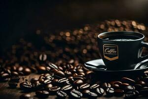 a cup of coffee on a wooden table with a black background. AI-Generated photo