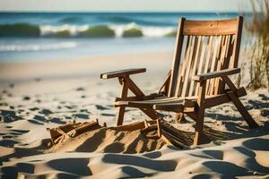 a wooden chair sits on the sand near the ocean. AI-Generated photo