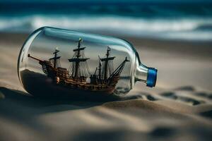 ship in a bottle on the beach. AI-Generated photo